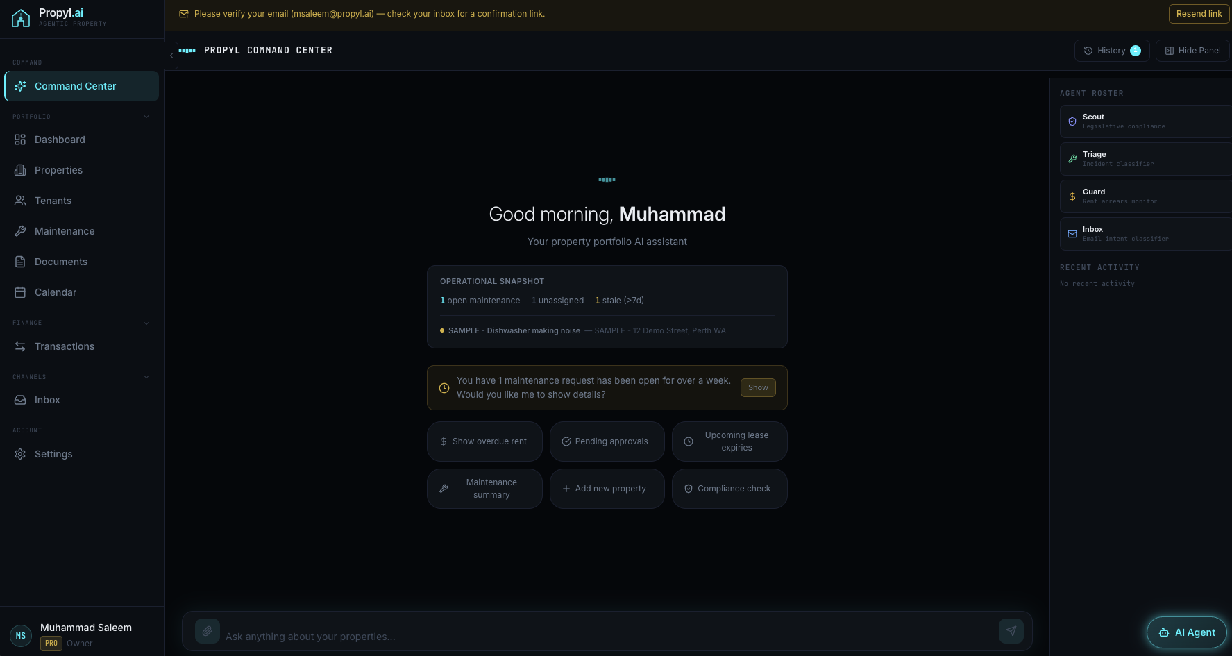 Propyl.ai command center showing operational snapshot, agent roster, and property workflow prompts.