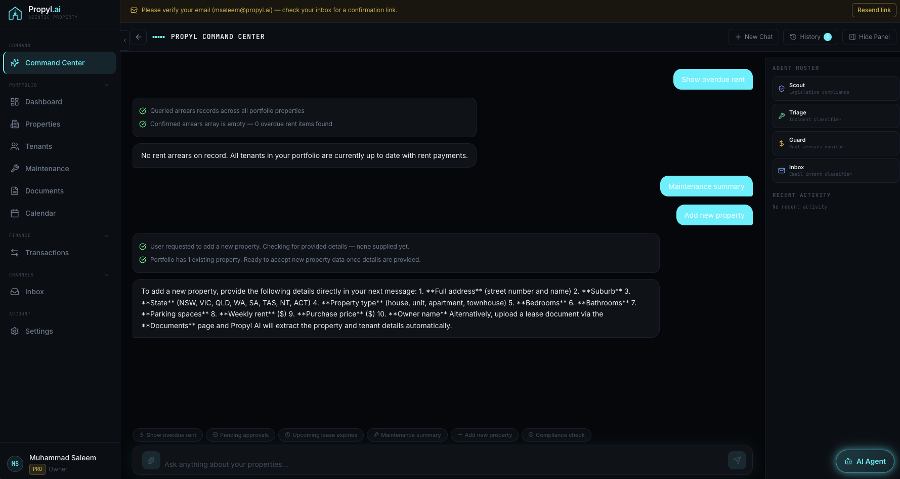 Propyl.ai workflow conversation showing overdue rent query, maintenance summary, and add property workflow.